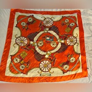 Orange and Cream silky/satin scarf with vintage carriage design
